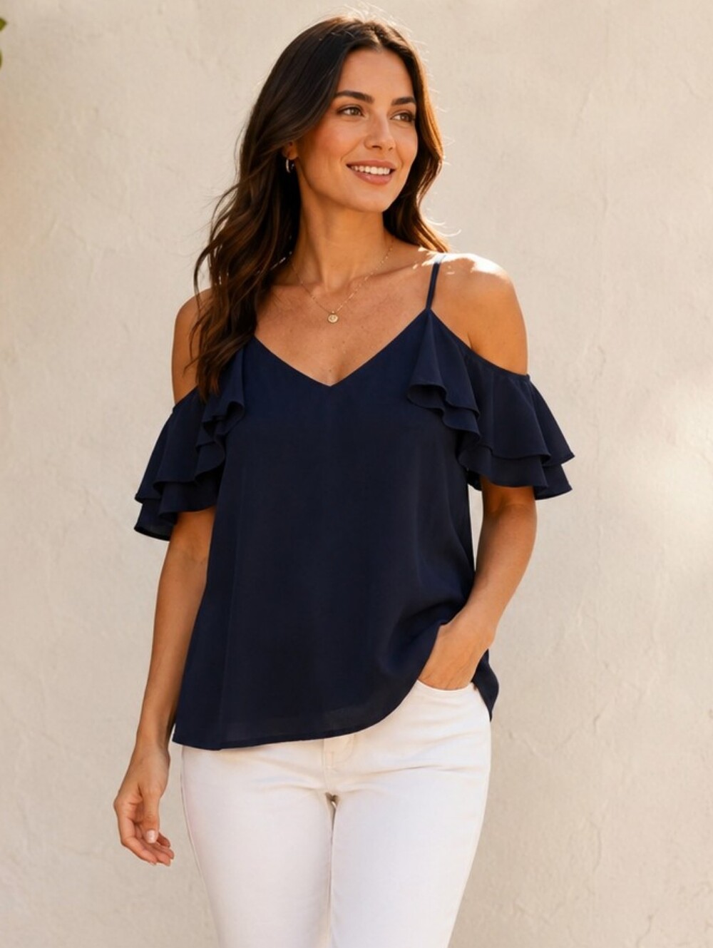 Lisa & Lucy Navy Cold Shoulder Ruffle Sleeve Blouse Spaghetti Strap Top Small